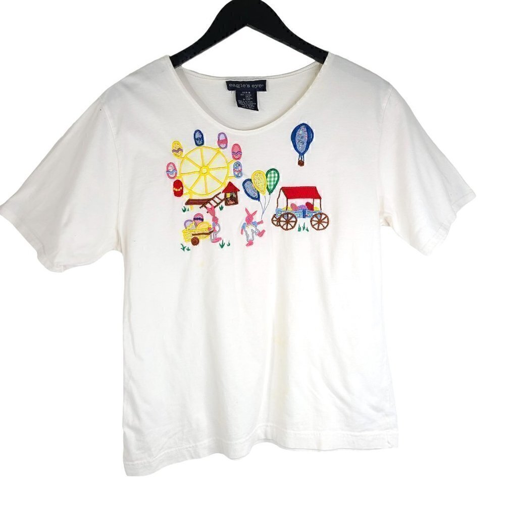 Vintage OVERSIZED White Ferris Wheel Carnival Balloons Embroidered Top